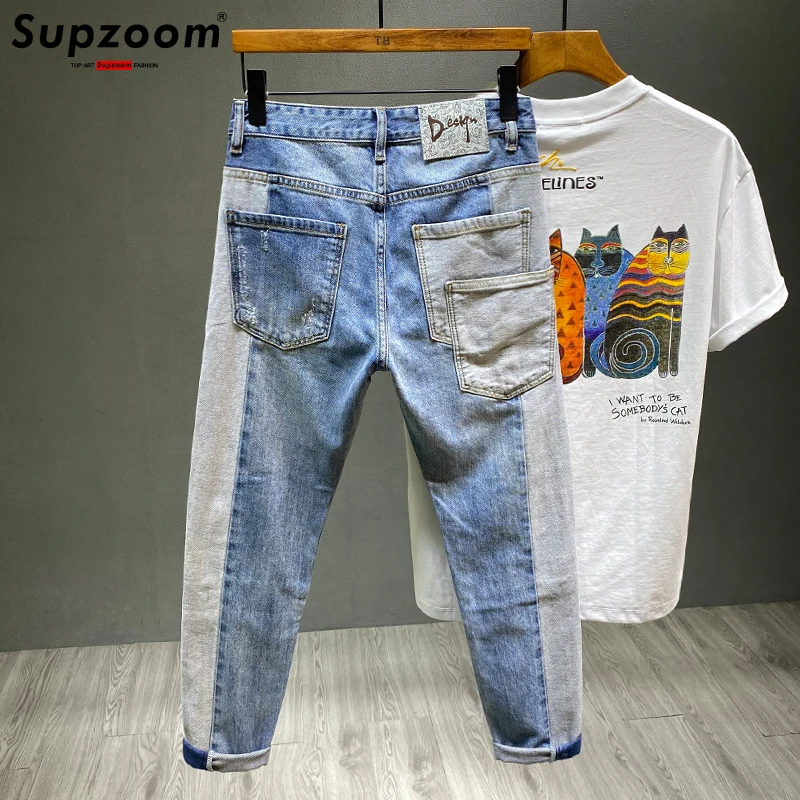 Supzoom New Arrival Hot Sale Top Fashion Autumn Zipper Fly Stonewashed Casual Patchwork Cargo Denim Pockets Cotton Jeans Men