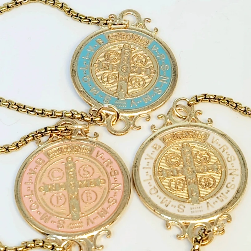 

Gold Plated Copper Round Cross Adjustable Bracelet Enamel Figure Virgin Mary Religious Catholic Jewelry