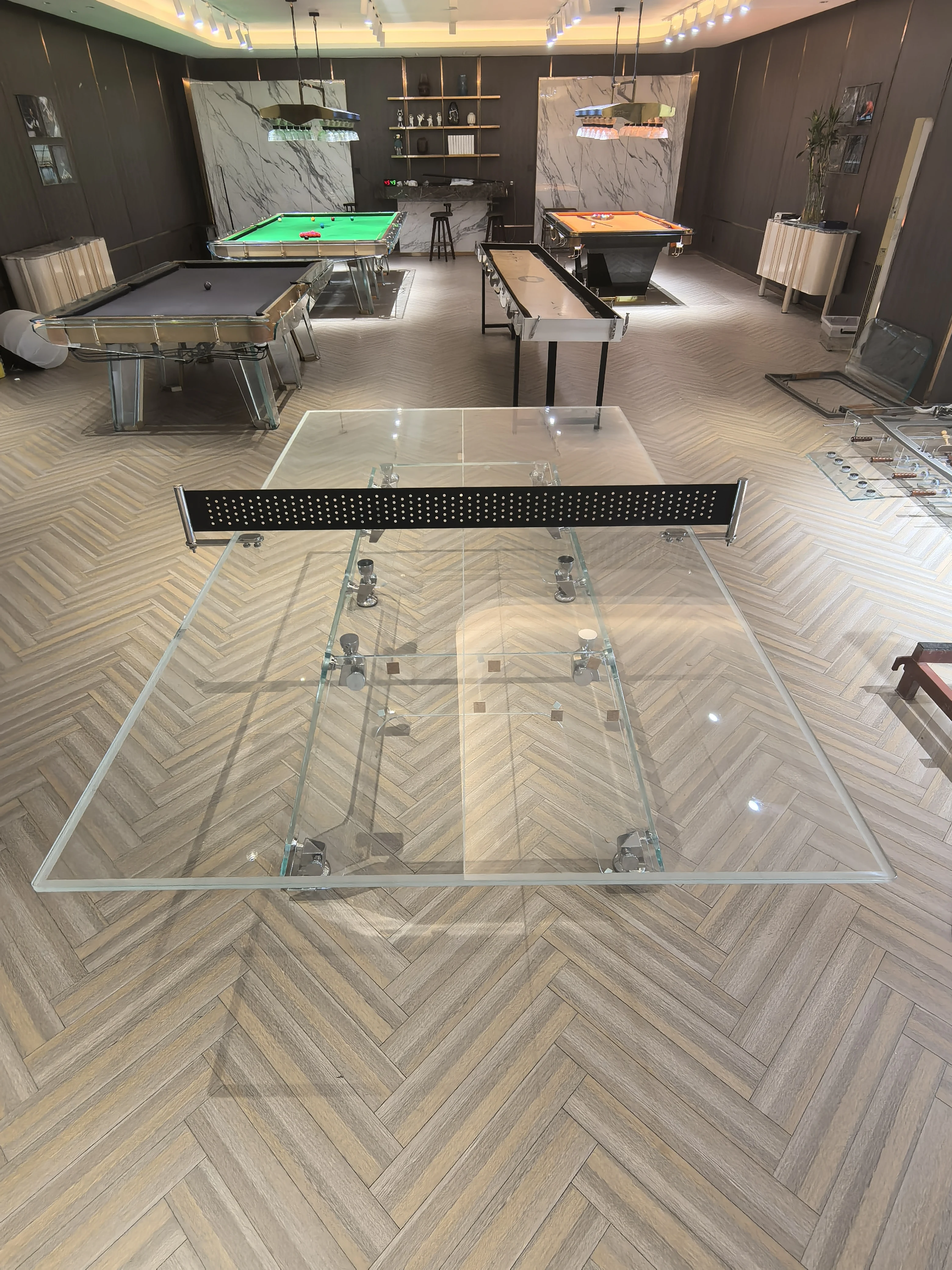 High-End Italian Style Villa Table Tennis, Modern Stainless Steel, Crystal Transparent Tempered Glass Ping Pong Table