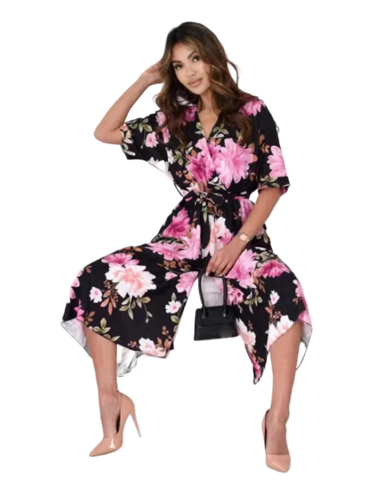 

Элегантный комбинезон с v-образным вырезом и средними рукавами с принтом, женские летние модные офисные повседневные праздничные женские комбинезоны с v-образным вырезом, новые комбинезоны