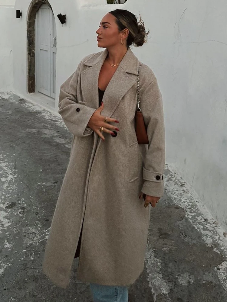 

Elegant Solid Long Woolen Coat Fashionable Lapel Single Botton Loose Full Sleeve Jacket 2025 New Daily Commute Office Outerwears