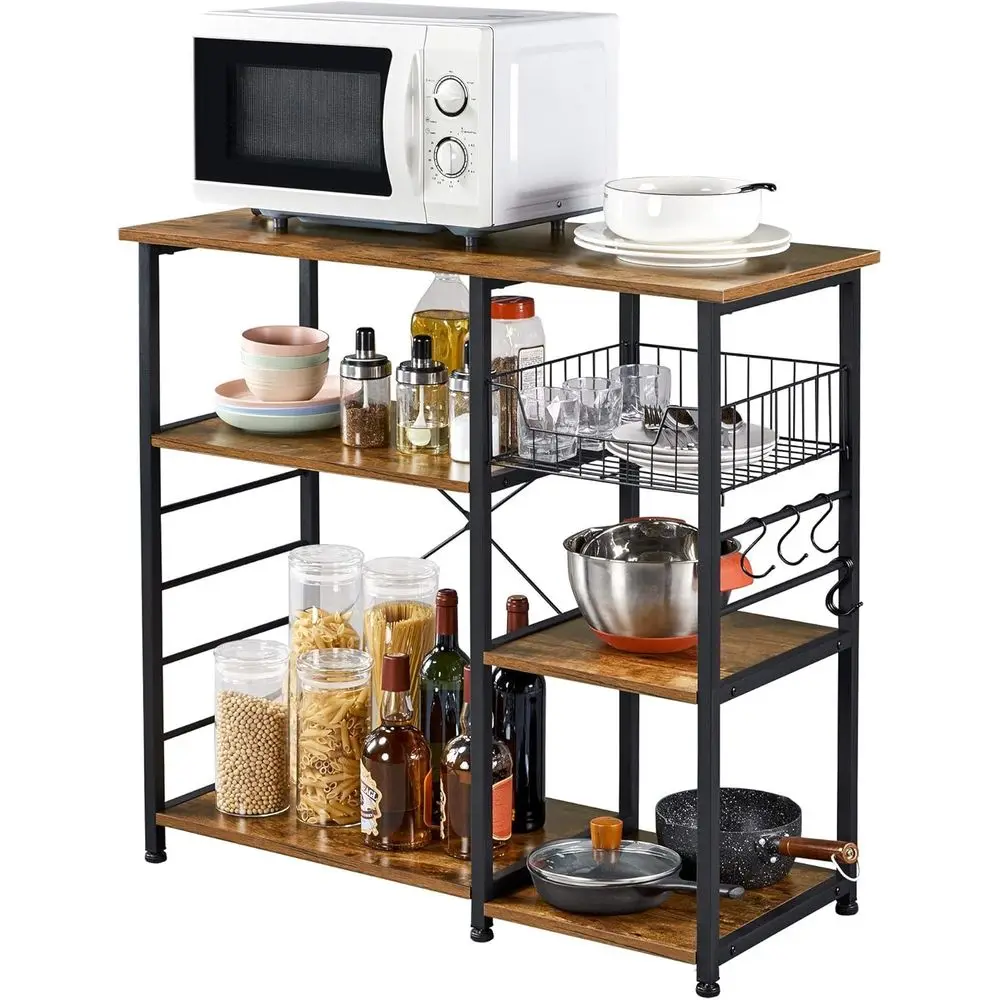 Kitchen Island 3-Tier Industrial Microwave Stand Cart Shel, Retractable Utility Storage Rack or Spice Rack Organizer w/6 S-Shape