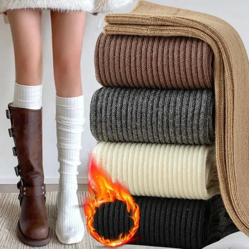 Warm Knee High Stockings Warm Women Girls Solid Color Vertical Stripe Coldproof Long Socks Fashion Boots Japanese Style Female