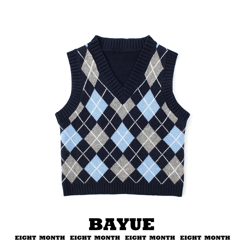 Short Knitted Sweater Vest Women's V-neck Street Style Retro Color Block Diamond Pattern August American Style Outerwear Top