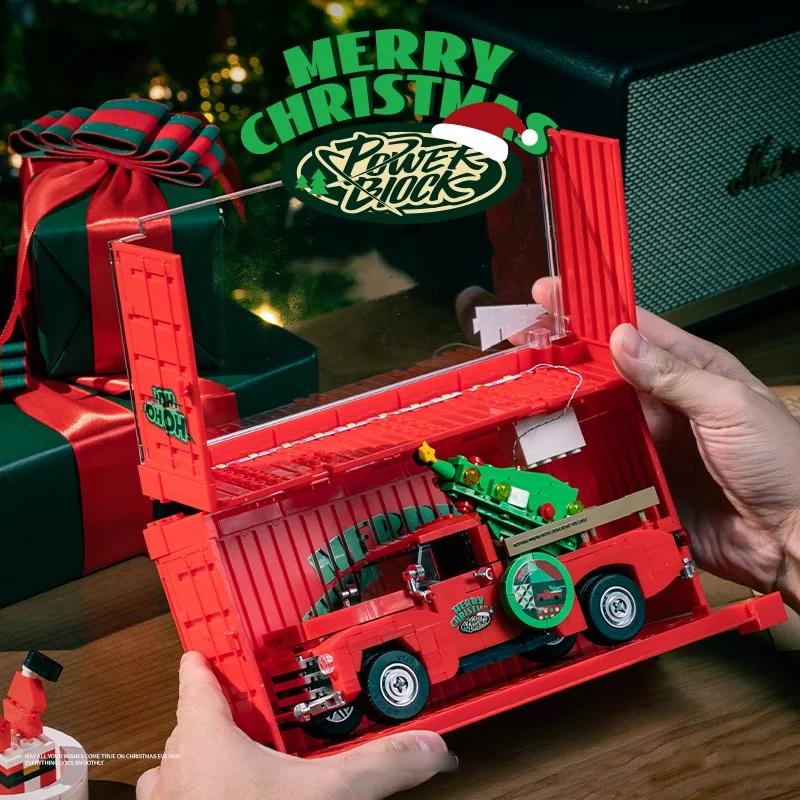 Weihnachten Retro LKW Weihnachtsmann Weihnachtsbaum Baustein Set DIY Weihnachtsgeschenk Party Geschenk Lieferung Schrank Display Aufbewahrungsbox Staubdichte Box Pinbo Bausteine Pb8849 Auto Kleines Fahrzeug Stapelblöcke Abs Sicheres Material