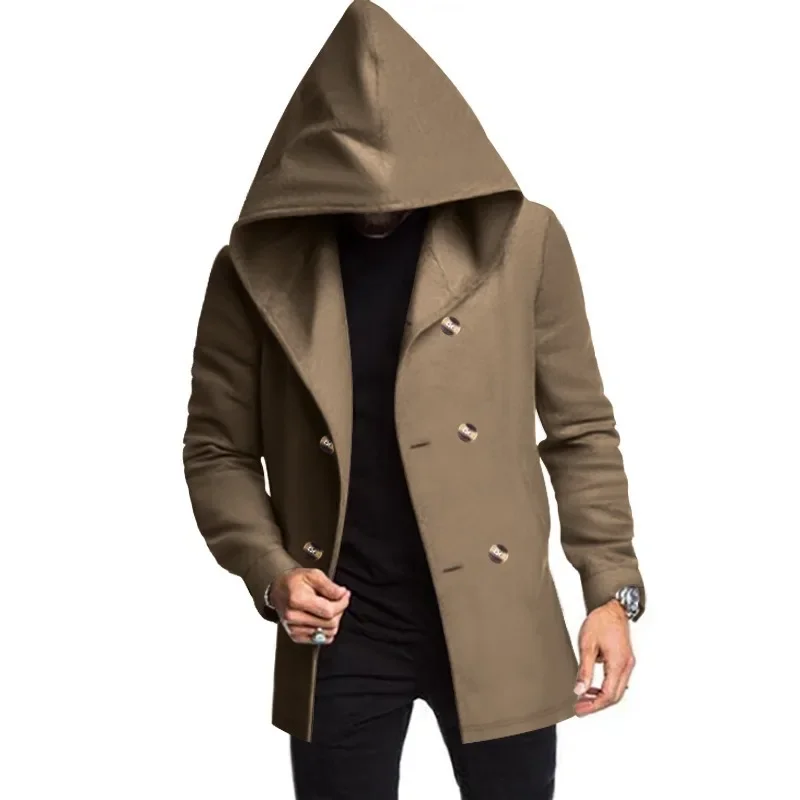 

Winter Autumn 2024 Men's Woolen Blends Warm Casual Hooded Coat Men's Double-breasted Trench British Style Slim Solid Overcoats