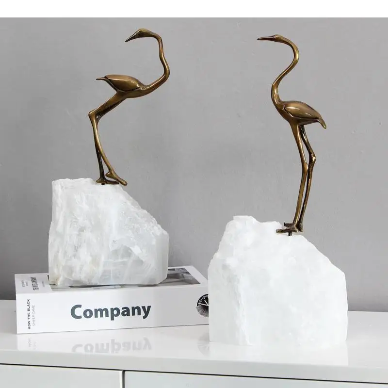 Brass Fairy Crane Crafts Crystal Base Sculpture Modern Decor Ornaments Living Room Furnishings Desk Decoration Statue