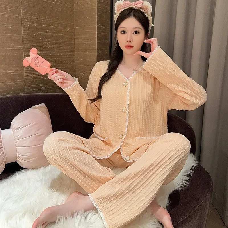 5XL Plus Size Cotton Loungewear Set Women's Autumn Spring Long Sleeve Cardigan Pants Pajamas Korean Girl Student Loose Home Suit