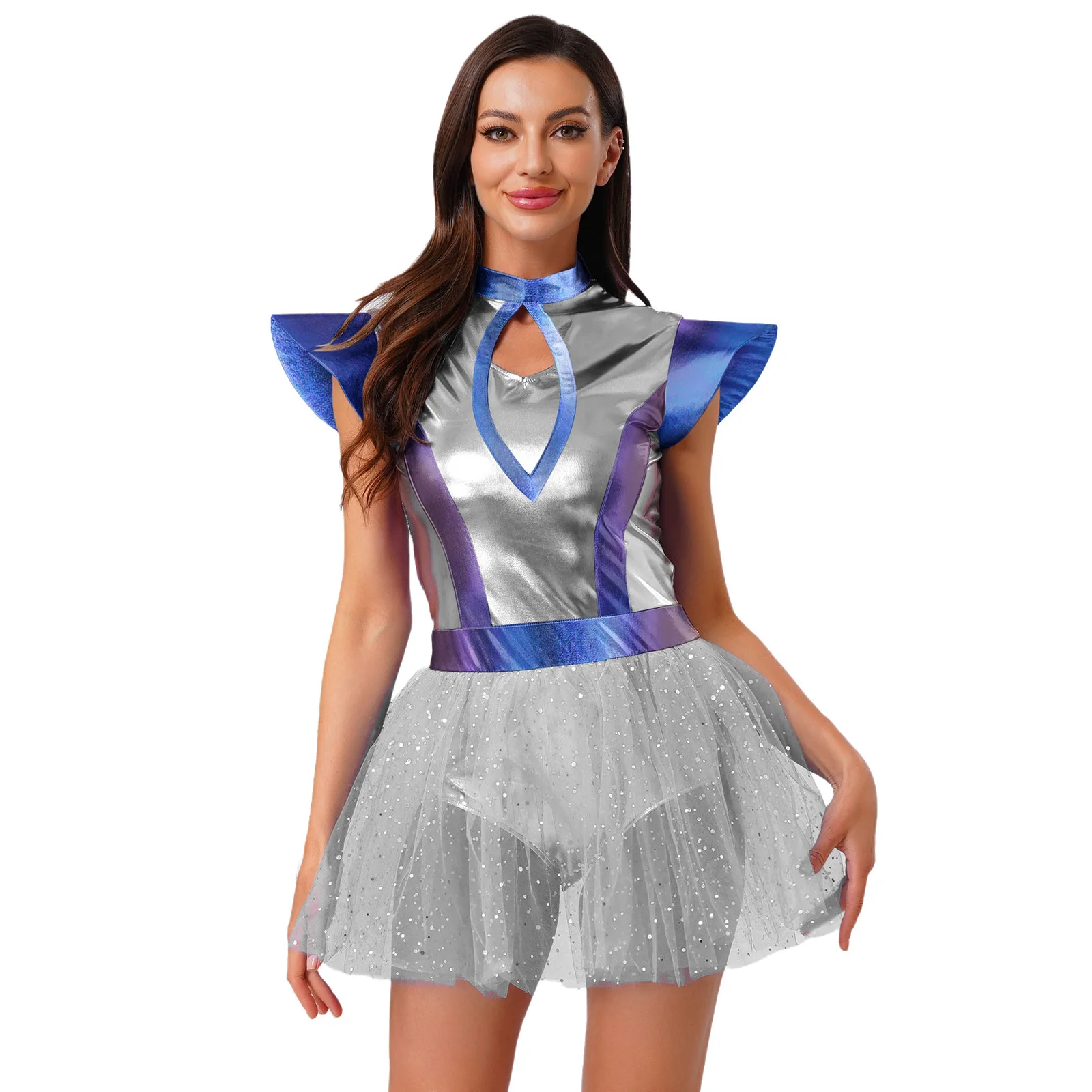 

Women Halloween Carnival Astronaut Cosplay Dress Metallic Shiny A-line Mini Tutu Dress for Themed Party Space Alien Cosplay Wear