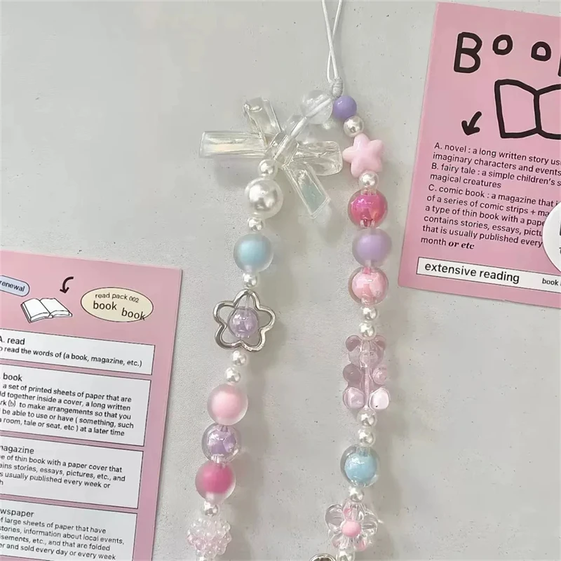 Cute Pink Bear Bow Pendant Beaded Phone Chain For iPhone Fashion Hanging Rope Women Anti-lost Lanyard Jewelry Charm Strap Gift