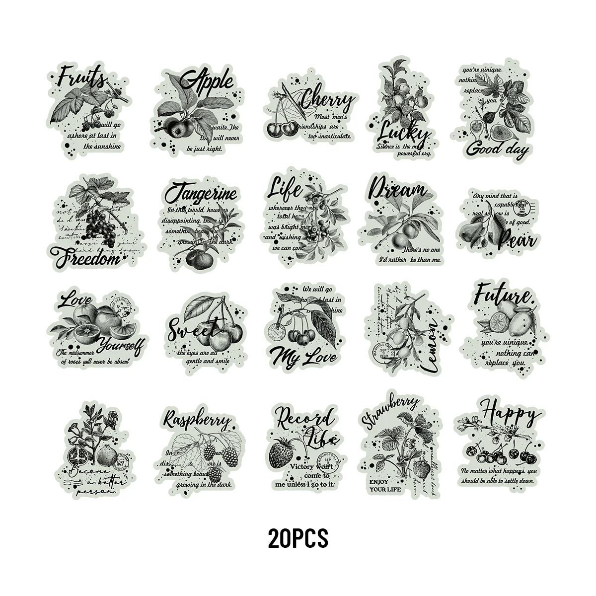 20pcs Vintage Green Fruit Pattern Stickers for Notebooks, Water Bottles, Luggage, Cell Phones, Handmade Scrapbooks, Envelopes