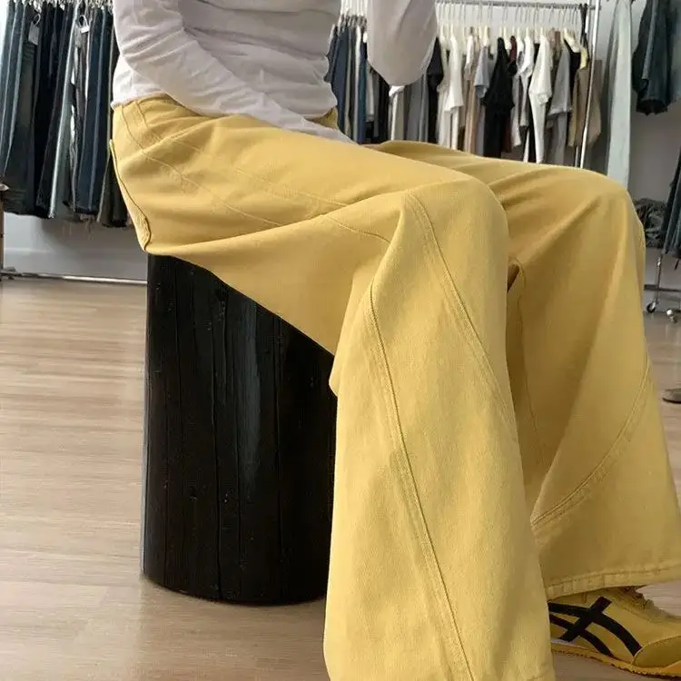 Wide-Leg Jeans, Retro High Street Yellow Women\'S Autumn New High-Waist Style Slim Straight-Leg Floor-Length Jeans