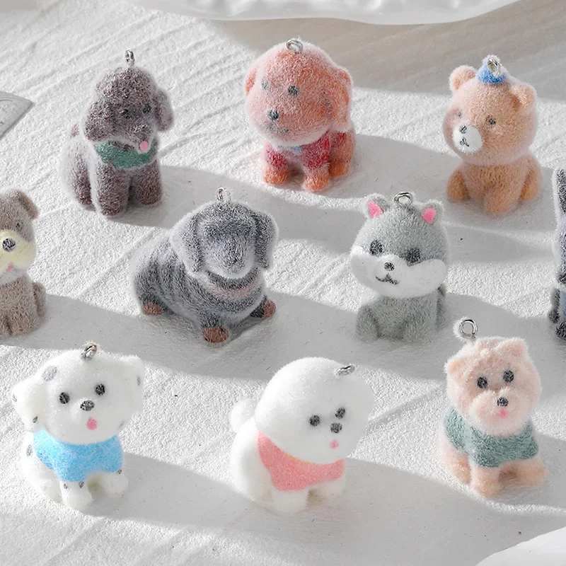 

20Pcs 3D Cute Flocking Teddy Dog Resin Charms Mini Cartoon Animal Dog Pendant For Keychain Earring DIY Crafts Jewelry Make