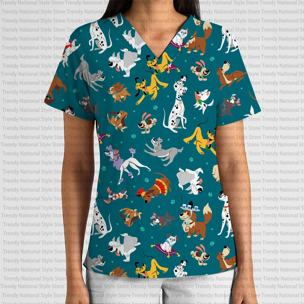 2025 New Summer Disney Cartoon Print Women's Work Uniform V-Neck Pocket Scrub Top Dental Pet Shop Beauty Salon T-shirt