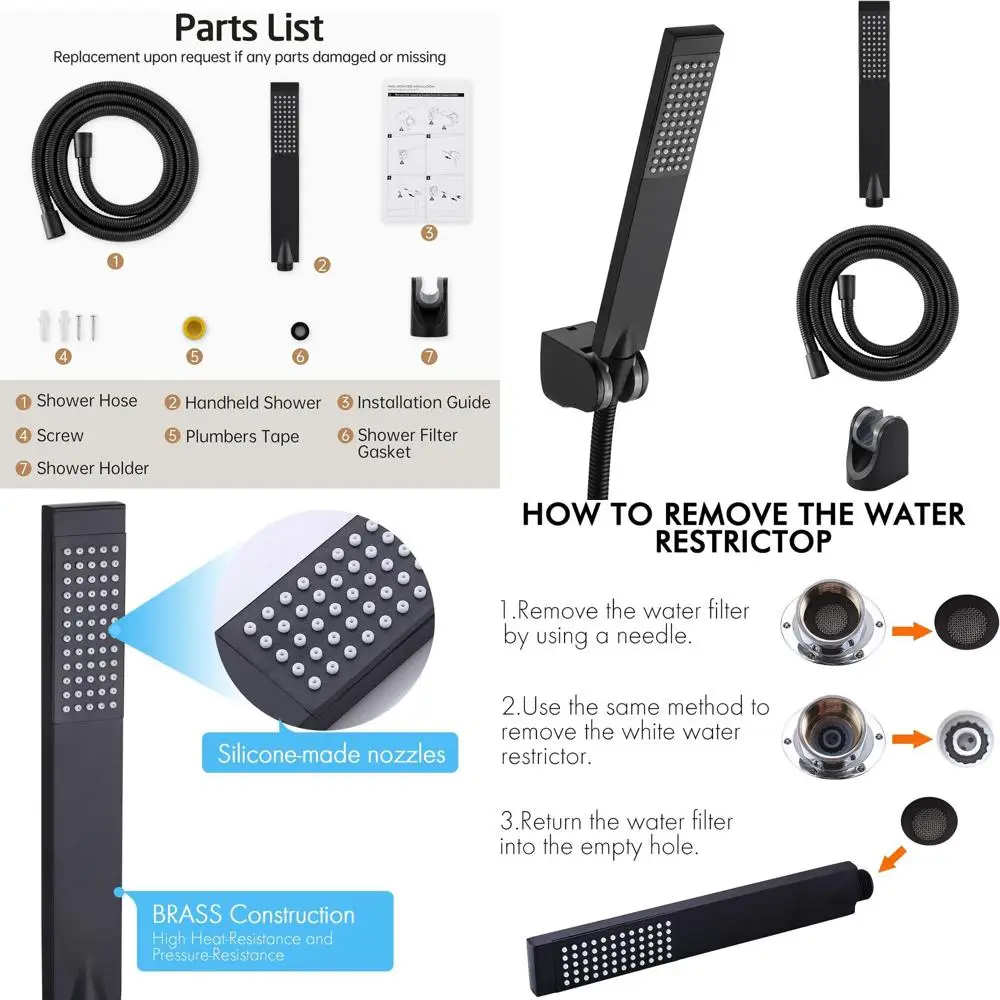 

Contemporary Matte Black Square Showerhead with 1.5m Hose and Bracket, Replacement for Bathroom Shower Systems