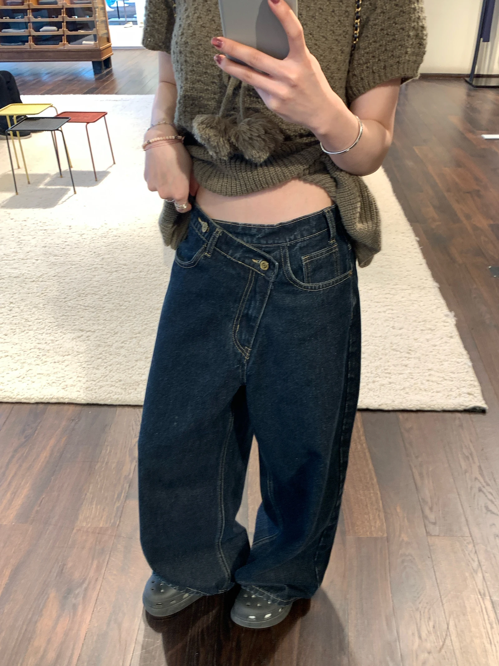 

Casual Waed Denim Wide Leg Jeans Side Zipper Straight Cut Trousers for Women Spring Season Pure Color Daily Wear Deep Color