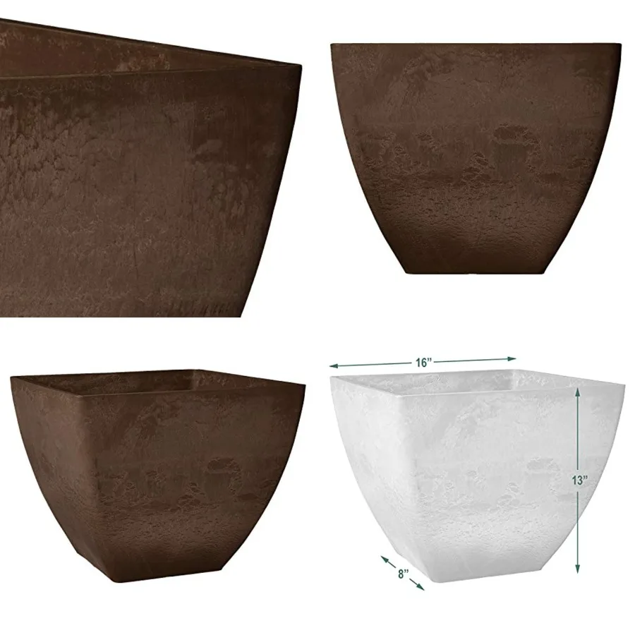 

16x13 inch Plastic/Stone/Wood Composite Square Planter No Drainage Hole Drillable,Modern Indoor/Outer Pot for Flowers, Foliage,