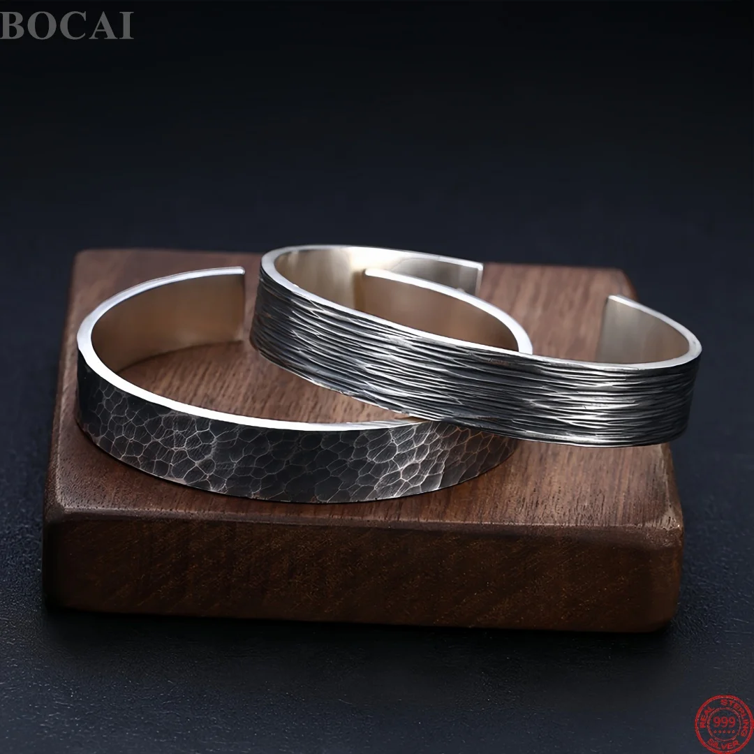 BOCAI New S999 Sterling Silver Charms Bangle for Men Antique Hammered Texture Stripe Pattern Bracelet Fine Choice Jewelry