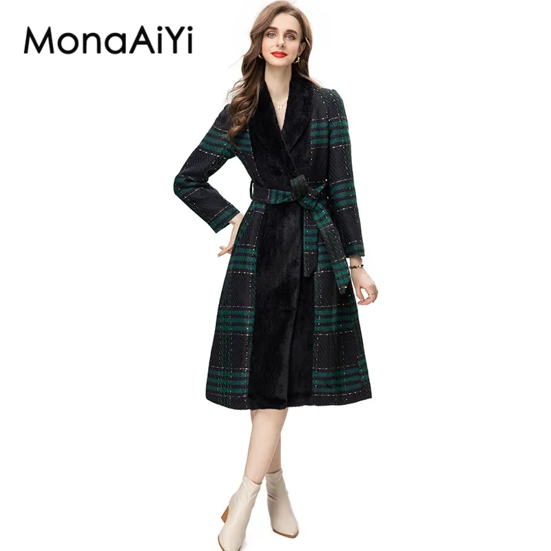 

MonaAiYi Fashion Designer Autumn/Winter Overcoat Women's Plush Lapel Long Sleeve Girdle Green Stripe Black Wool Coat