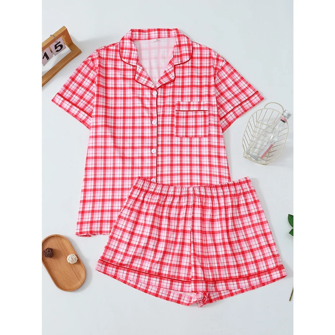

Summer Women's Pajamas with Red Checkered Pattern Print Lapel Short Sleeve Shorts Pants Home Wear Set Vacation Easter Gifts