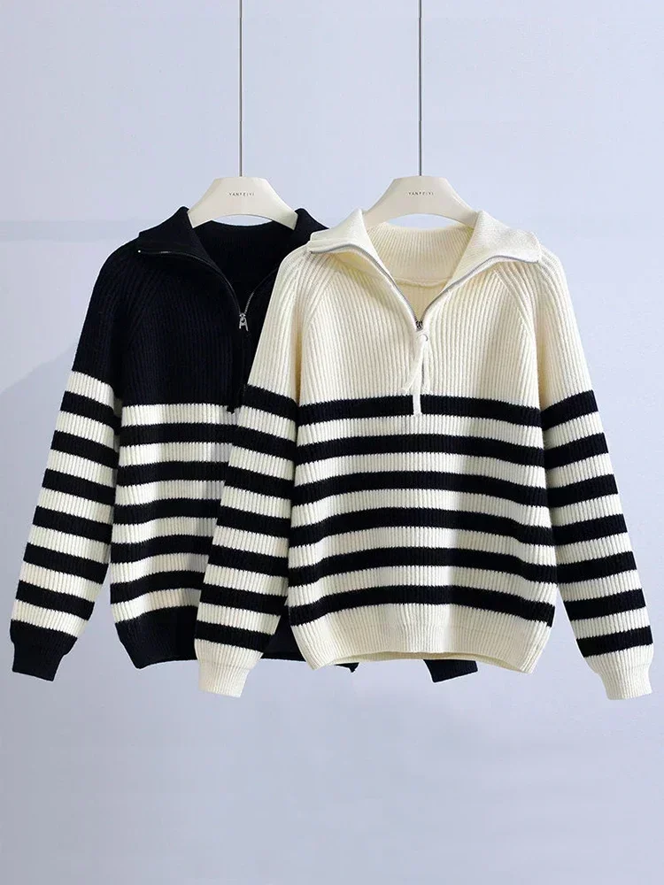 Women\'s Turtleneck Knit Zipper Sweater Woman Winter 2024 Loose Oversize Jumper Black White Stripe Korean Fashion Pullover Women