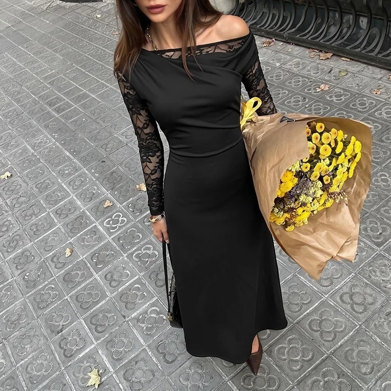 Elegant Long Skirt Lace Long Sleeve Fitted Dress For Women Vestidos