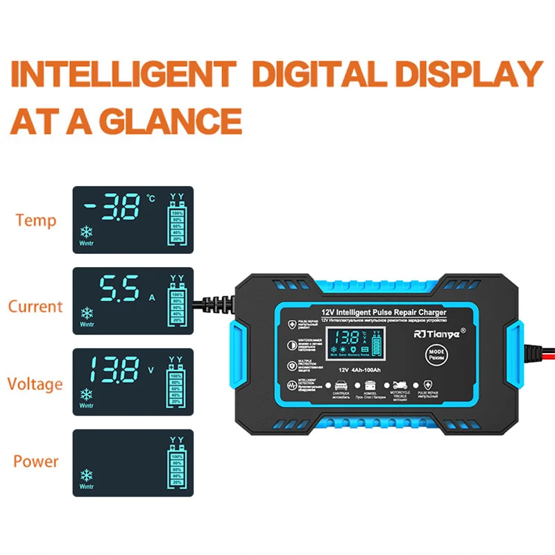 6A Full Automatic Car Battery Charger Foxsur Battery Charge Lifepo4 Battery 12V  Digital Display 100AH Gel Battery Wet Dry Lead