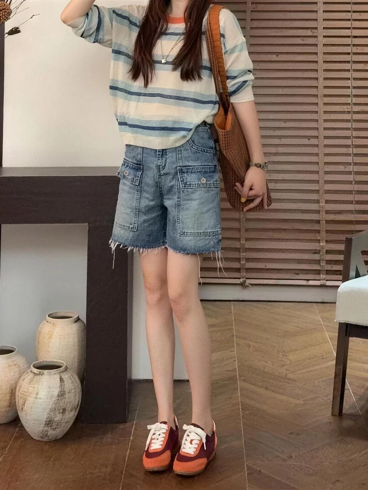 

American Retro Denim Shorts Women's Summer Thin New Large Size Fat MM Slim Wide Leg Workwear Pants High Waist Pocket Detail