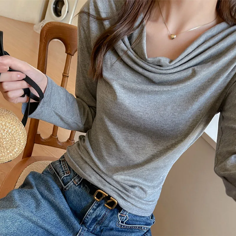 Fashion Dangling Collar Long Sleeve T Shirt Women Korean Minimalist Daily Wear Autumn Tops Lady Elegant Slim Streetwear T-Shirts