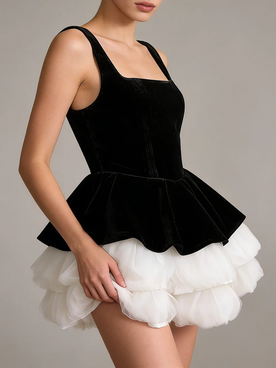 VGH 섹시 파티 히트 컬러 벨벳 미니 드레스 여성용 스퀘어 칼라 민소매 패치워크 레이어드 메쉬 케이크 드레스 여성 스타일