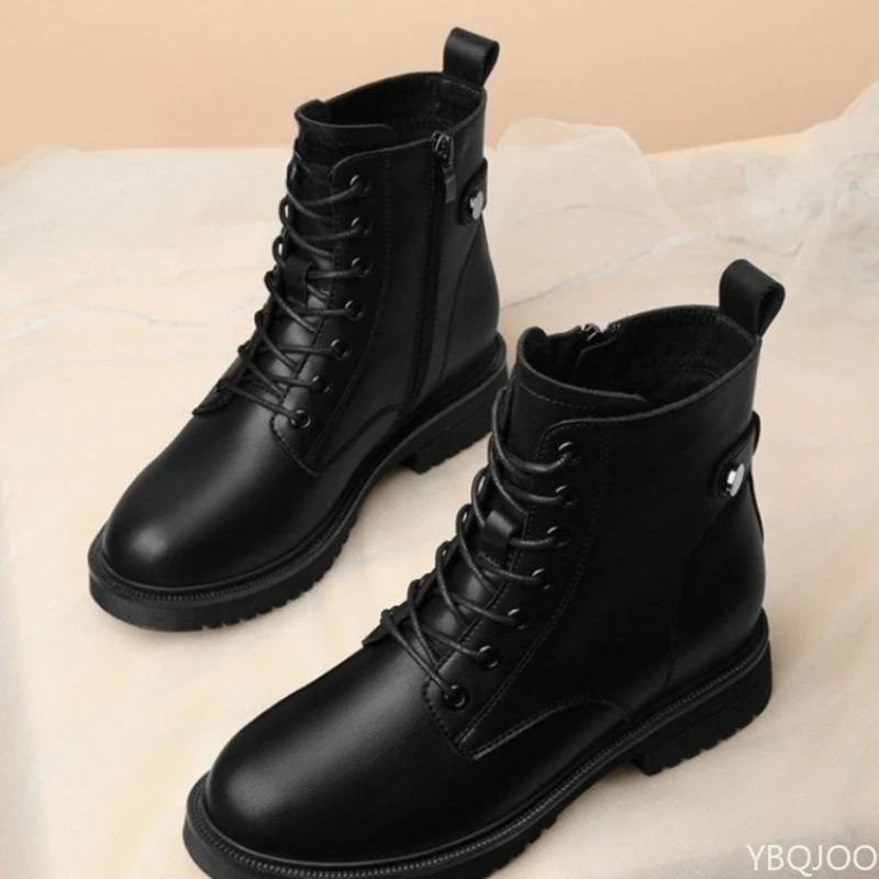 Small Size New Autumn and Winter Black Thick Soled Warm Short Boots with Fleece Windproof Anti Slip Versatile Motorcycle Boots