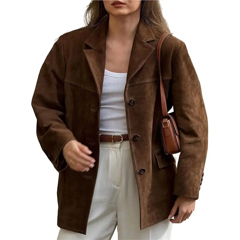 

Куртка из коричневой замши AUAU для женщин, замшевый блейзер, пиджак из искусственной замши, костюмный пиджак в стиле Old Money, осенняя эстетика