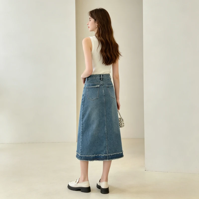 Denim Skirts Women Mid Length Skirt Frayed Vintage Washed Distressed A Line Slim Fit Hip Wrap Elegant Y2k Streetwear Work 2026