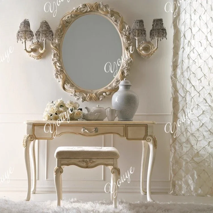 C European Dressing Table Neoclassical Solid Wood Carving Dressing Table Fashion Dressing Table Stool Mirror Combination