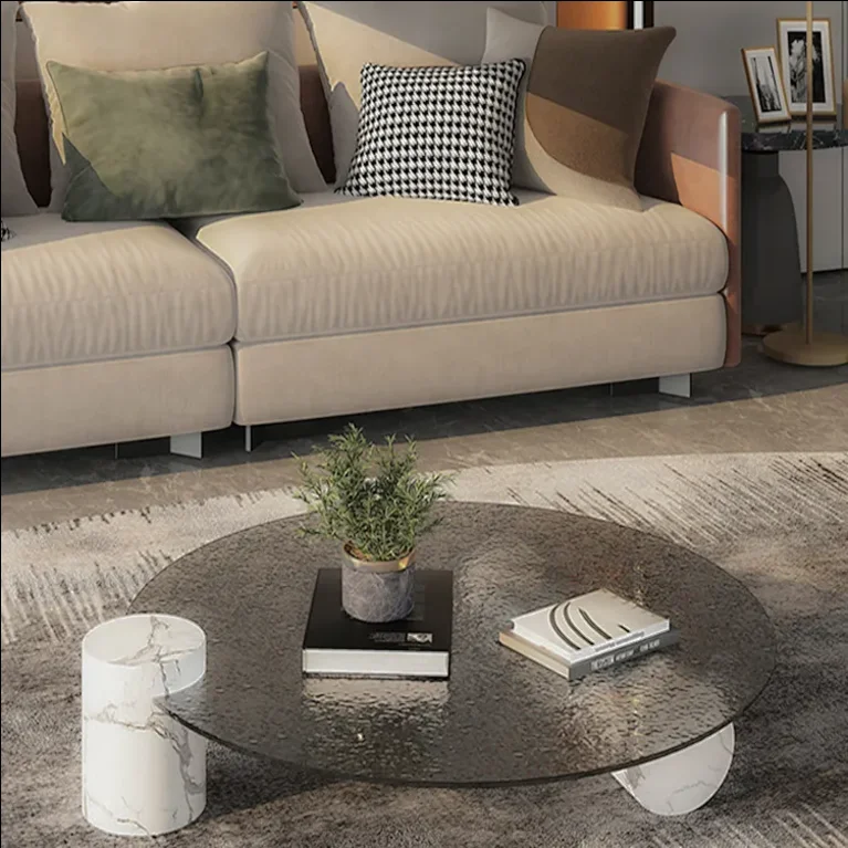Modern Office New Design Coffee Table Low Height Natrual Marble Water Ripple White Tempered Glass Center Table