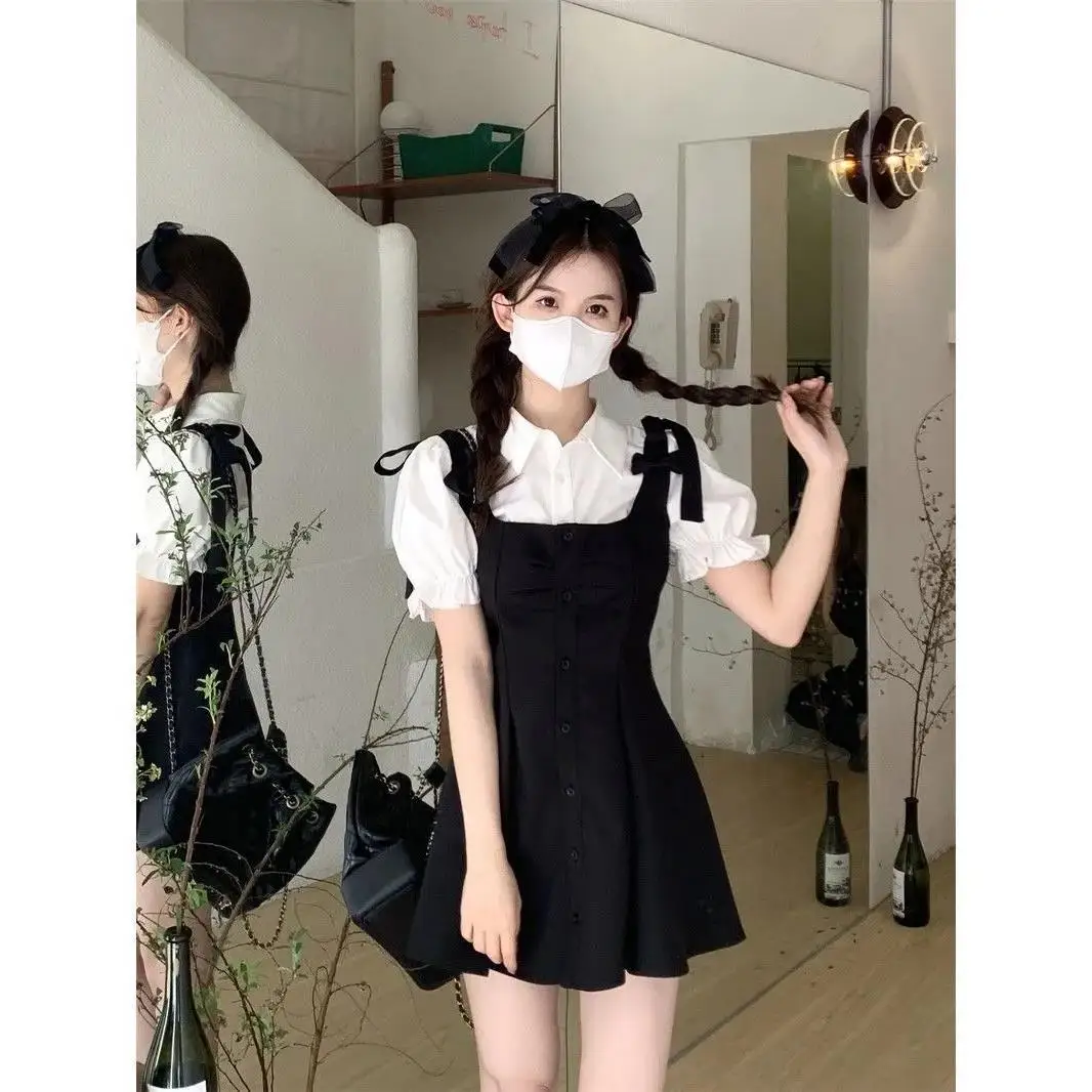 2023 College Style Bubble Sleeve Blouse And Skirt Set Women's  Knot Waist Cinching Dress Sweet And Spicy Two Piece Set