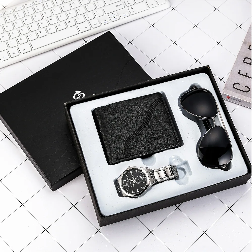 New 3Pcs/Set Fashion Mens Watches Set with Box Luxury Quartz Watch for Men Glasses Wallet Wristwatch Set Gift Box Male Clock