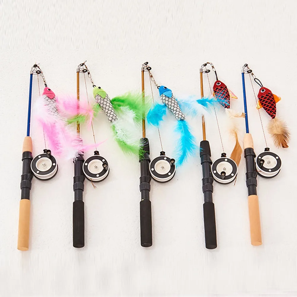 1PC Pet Cat Interactive Toy Stick Feather Wand Toys Fish-shaped Telescopic Fishing Rod Cat Teaser Toy Supplies Random Color