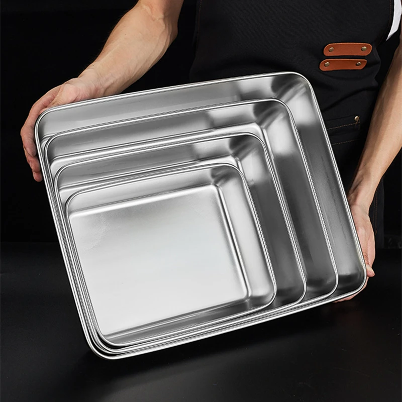 Stainless Steel Rectangular Baking Tray Food Barbecue Bakeware Fruit Bread Storage Plate with Handle Deep Pan Dish Kitchen Tools