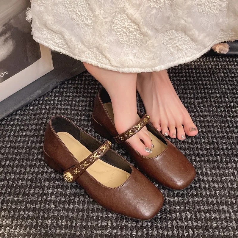 حذاء فردي بكعب منخفض للنساء، موضة الصيف الجديدة بإبزيم ذهبي ومقدمة مربعة، حذاء مريح بكعب عالٍ #1