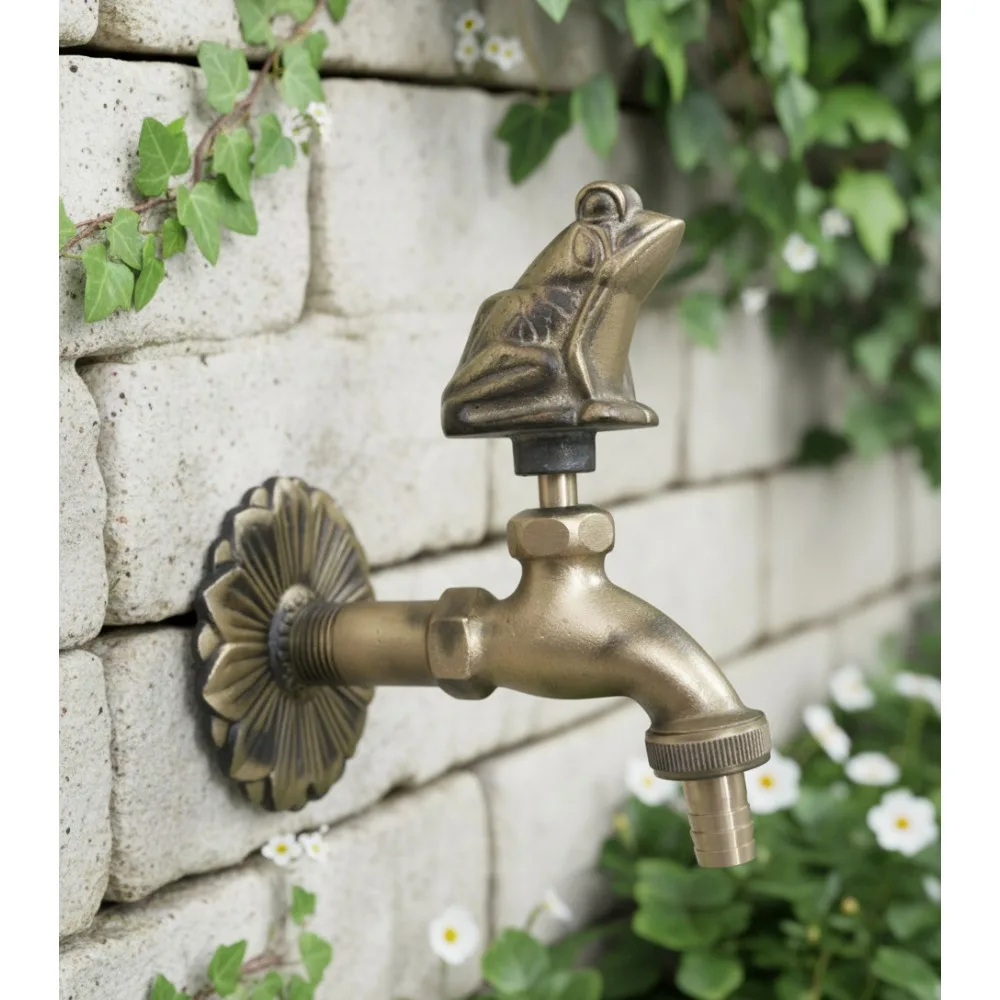 

Vintage Garden Faucet Wall Mount Brass Water Tap Outdoor Decor Frog Design Hose Connector