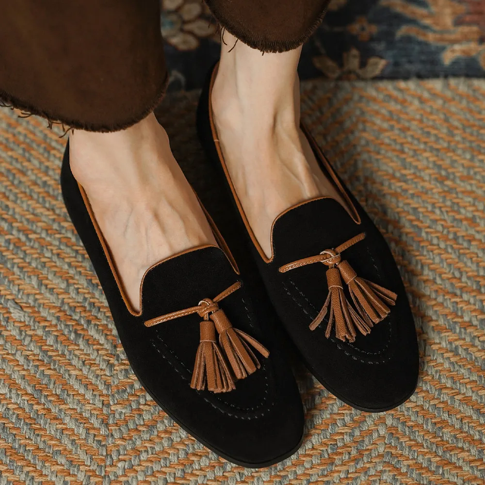 Women's natural suede leather slip-on ballet flats loafers round toe fringe casual female espadrilles mccasins shoes for woman