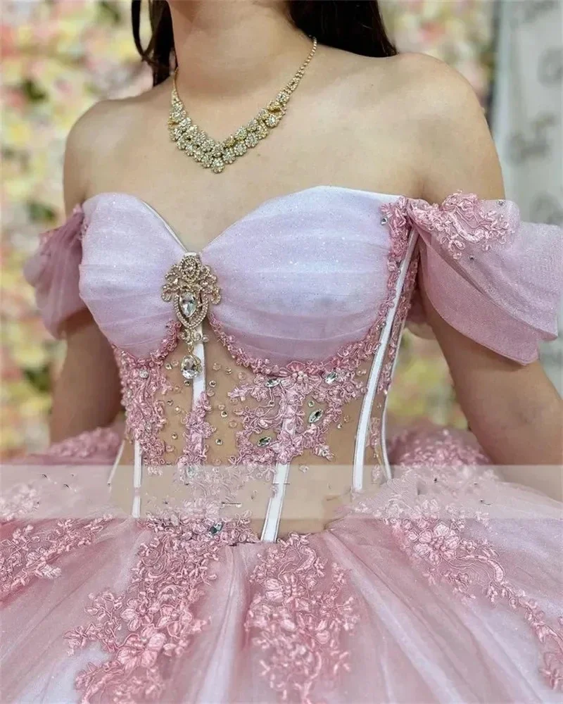 Vestido de baile de quinceañera con purpurina rosa, Vestido sin hombros, cristal dulce 16, vestidos de fiesta de cumpleaños de princesa de 15 años