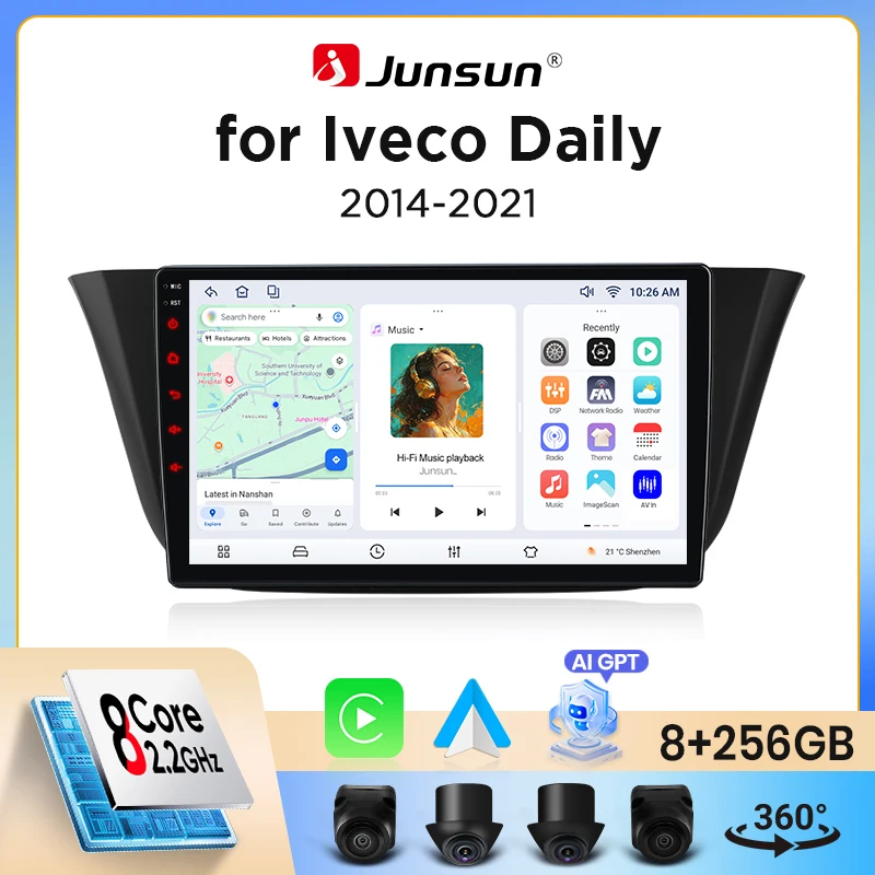 Autoradio Junsun sans fil CarPlay Android Auto pour Iveco Daily Mk6 2014-2021, ventilateur de refroidissement intégré, navigation GPS Android, lecteur multimédia, WiFi, DSP, RDS, BT, SWC, écran