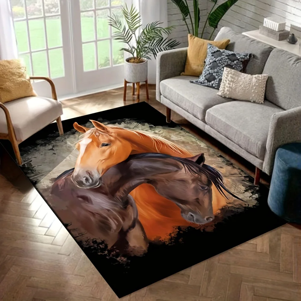 

Extra Large Area Mat Luxury Two Horses Design Brown Black Non Slip Plush Bottom Living Room Bedroom Entryway Elegant Home Decor