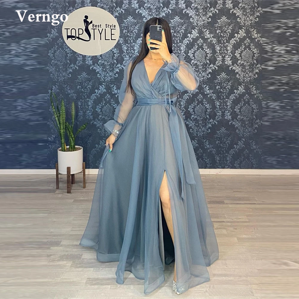 

Verngo New 2022 Dark Green Organza Evening Dresses Long Sleeves V Neck Floor Length Women Formal Prom Gowns Plus Size Side Slit