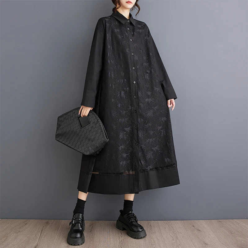 #6905 Black White Vintage A-line Dress Women Long Sleeve Split Joint Mesh Double Layer Long Shirt Dress Ladies Loose Spring