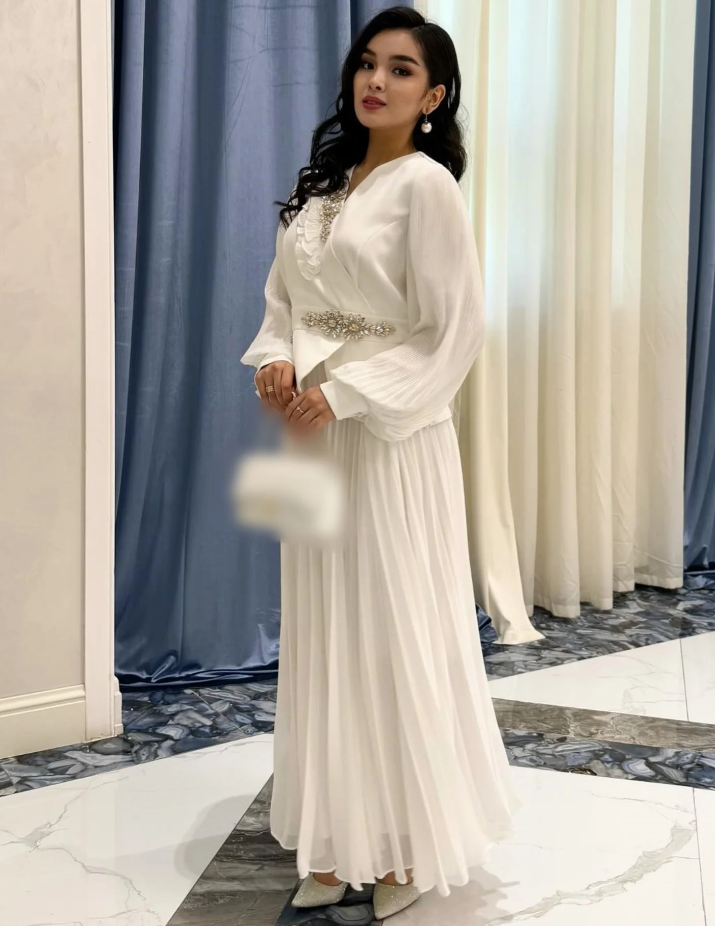 Customized Fashion Intricate Chiffon Sequined Pleat A-line V-neck Midi Dresses Bespoke Occasion Matching