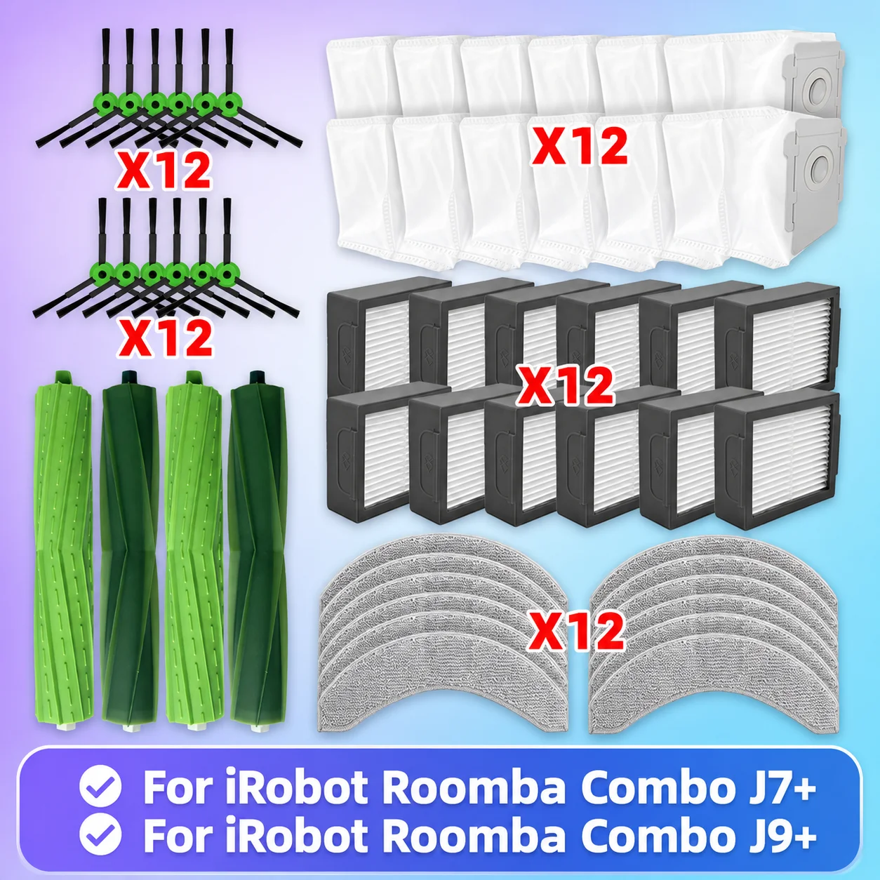 Compatible con ( iRobot Roomba COMBO J7+ / COMBO J9+ ) Piezas del Aspirador Cepillo Principal Cepillo Lateral Filtro Hepa Trapo de Limpieza Bolsa de Polvo Accesorios