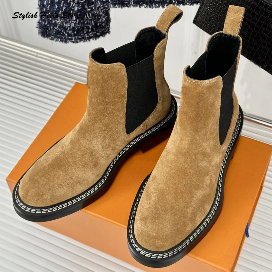 Stylish Round Toe Thick Sole Patchwork Luxury Boots Women Spring Autumn Winter Ankle Boots Fashion Pull On Suede Leather Booties